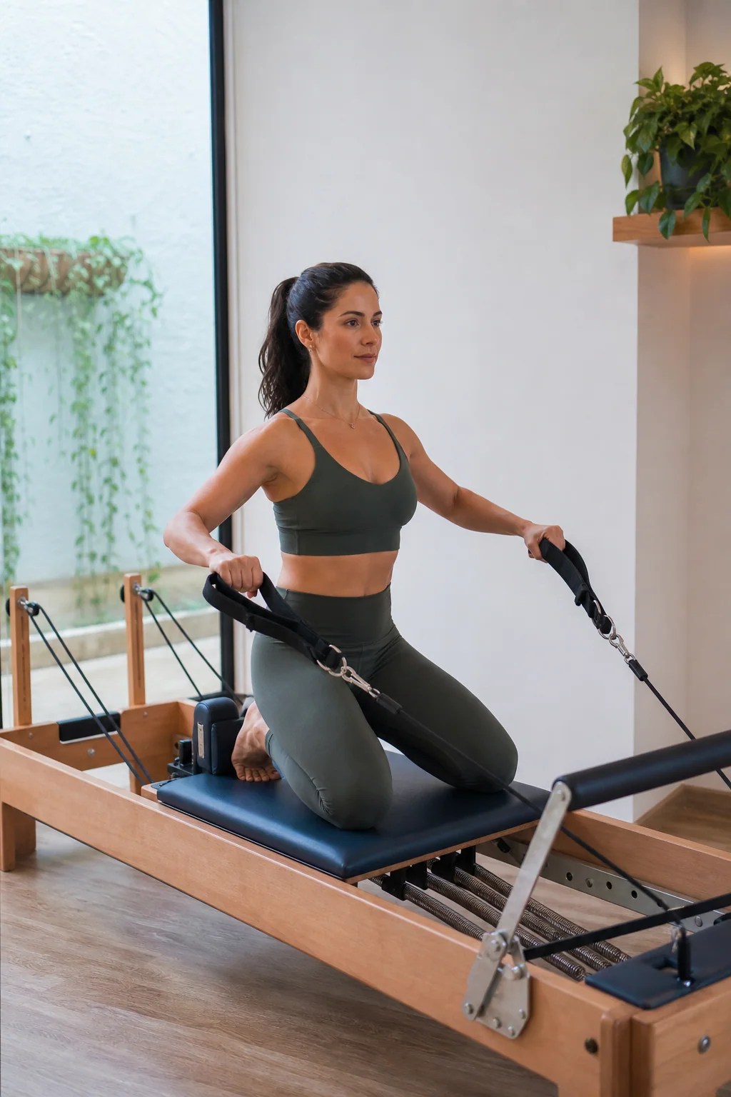 Mulher praticando um exercício individualizado em um reformer de Pilates